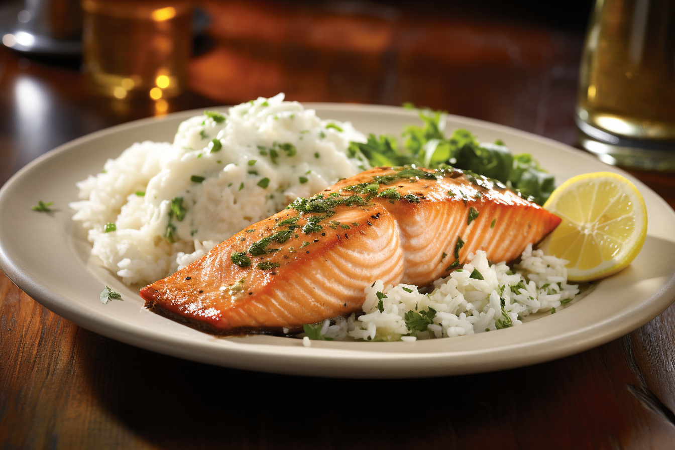 a plate of food with rice and fish