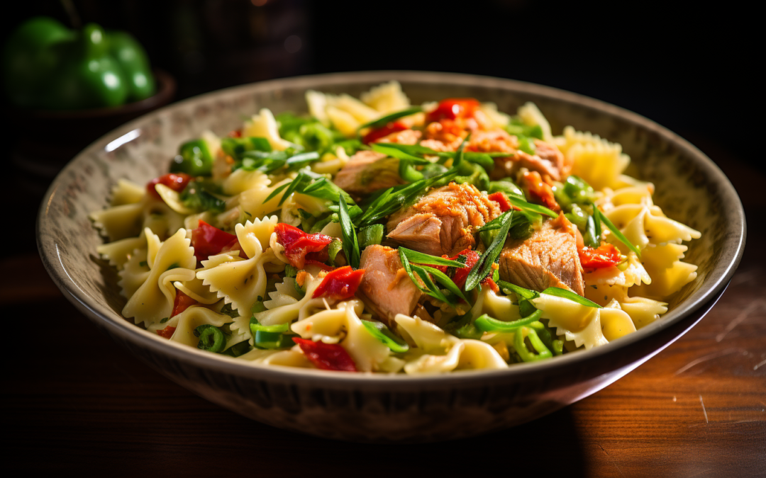 a bowl of pasta with meat and vegetables